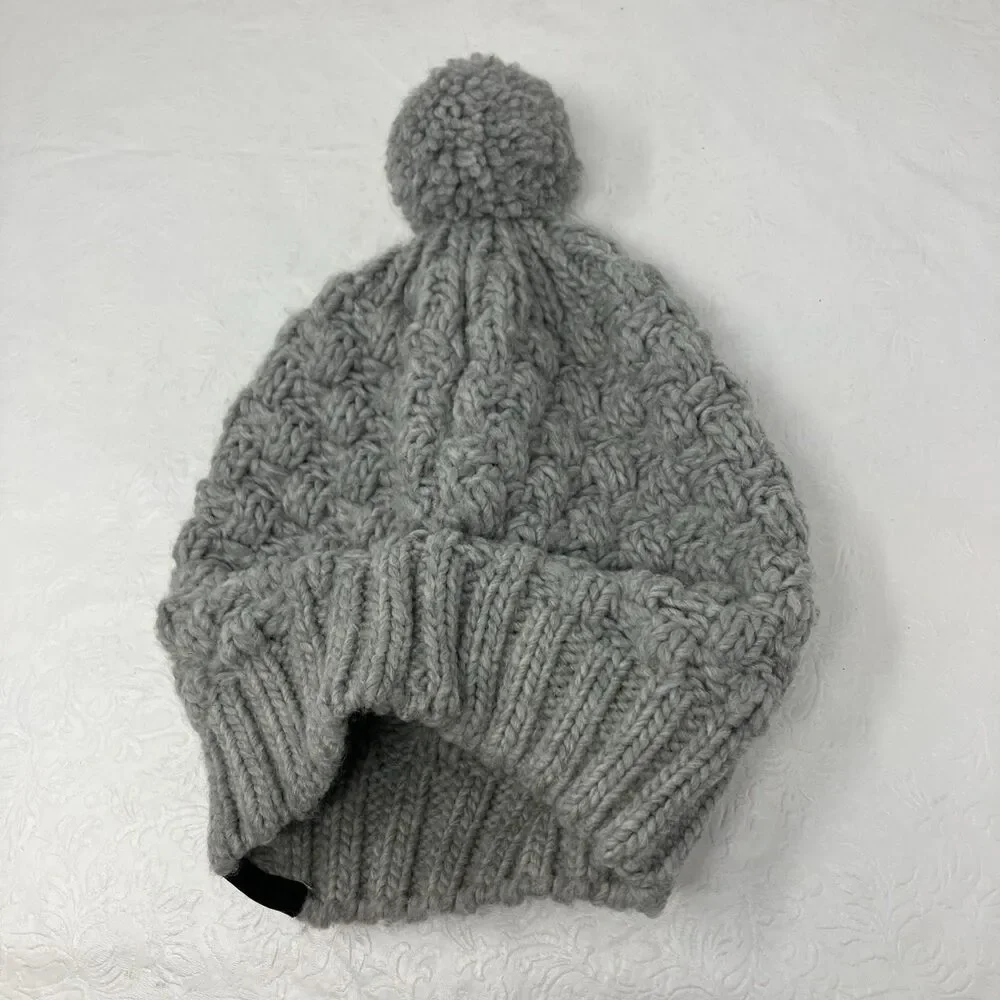 Wool Blend Beanie Hat Pom Knit Ski Hat Cuff Gray Yutro Poland Vintage